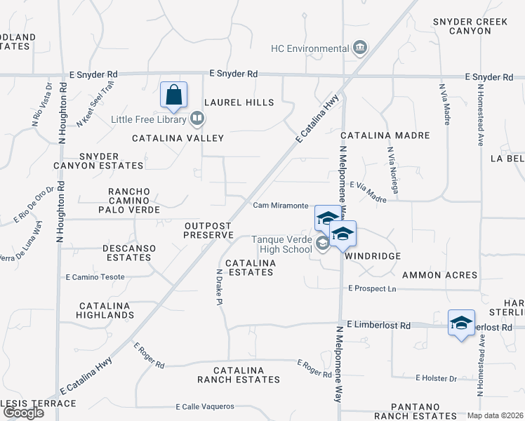 map of restaurants, bars, coffee shops, grocery stores, and more near 10880 Camino Miramonte in Tucson