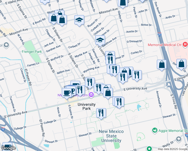 map of restaurants, bars, coffee shops, grocery stores, and more near 1355 Plain Street in Las Cruces