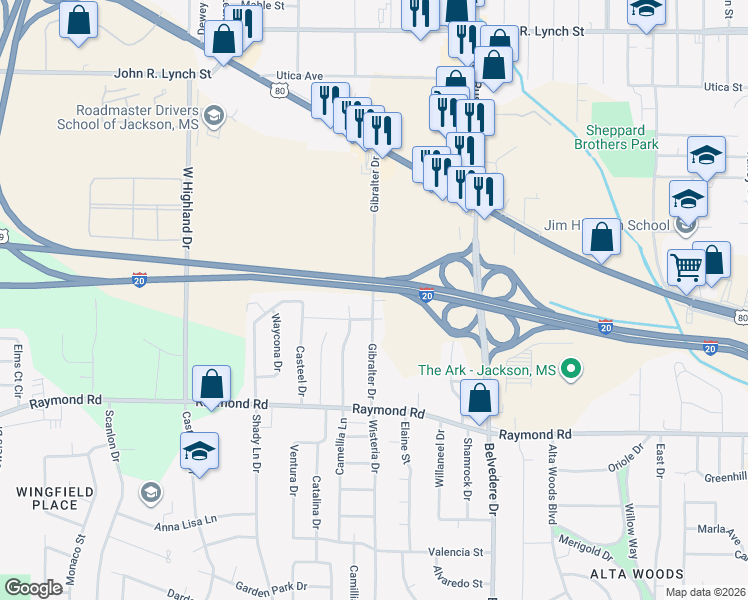 map of restaurants, bars, coffee shops, grocery stores, and more near 1553 Gibralter Drive in Jackson