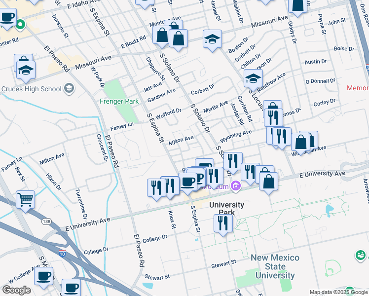 map of restaurants, bars, coffee shops, grocery stores, and more near 1115 Newberry Lane in Las Cruces