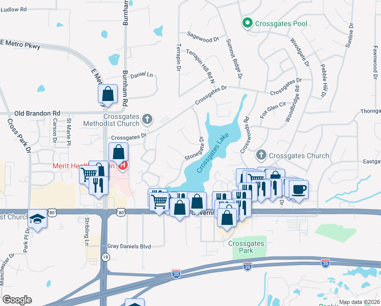 map of restaurants, bars, coffee shops, grocery stores, and more near 24 Stonegate Drive in Brandon