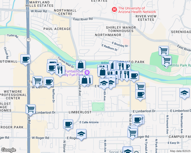 map of restaurants, bars, coffee shops, grocery stores, and more near 333 East Wetmore Road in Tucson