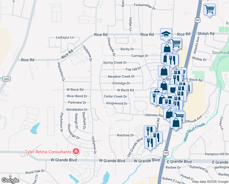 map of restaurants, bars, coffee shops, grocery stores, and more near 717 Cedar Creek Drive in Tyler