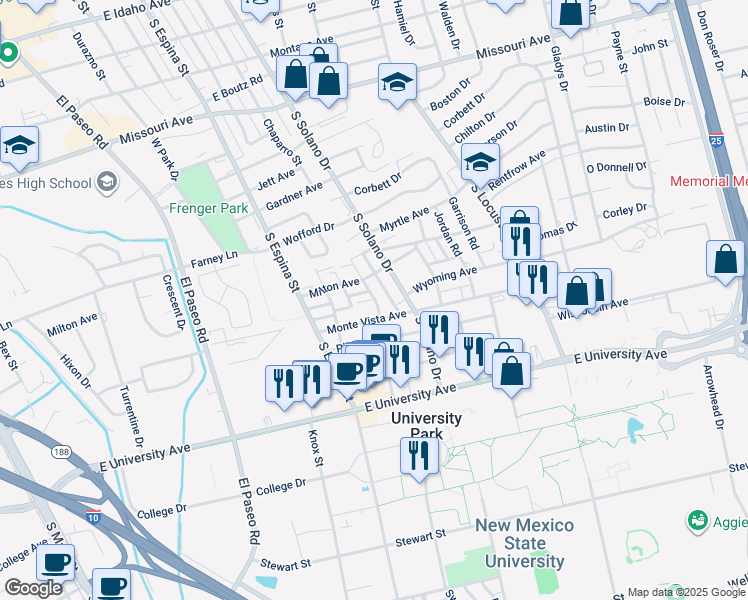 map of restaurants, bars, coffee shops, grocery stores, and more near 1205 Monte Vista Avenue in Las Cruces