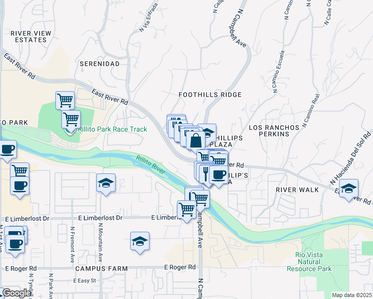 map of restaurants, bars, coffee shops, grocery stores, and more near in Tucson