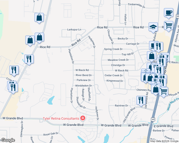map of restaurants, bars, coffee shops, grocery stores, and more near 1217 River Bend Drive in Tyler