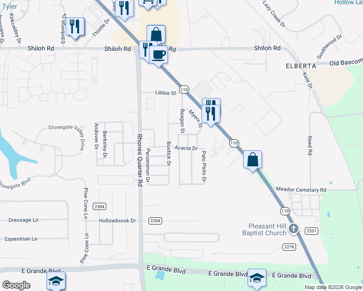 map of restaurants, bars, coffee shops, grocery stores, and more near 5638 Reagan Street in Tyler