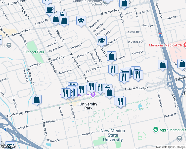 map of restaurants, bars, coffee shops, grocery stores, and more near 1401 Monte Vista Avenue in Las Cruces