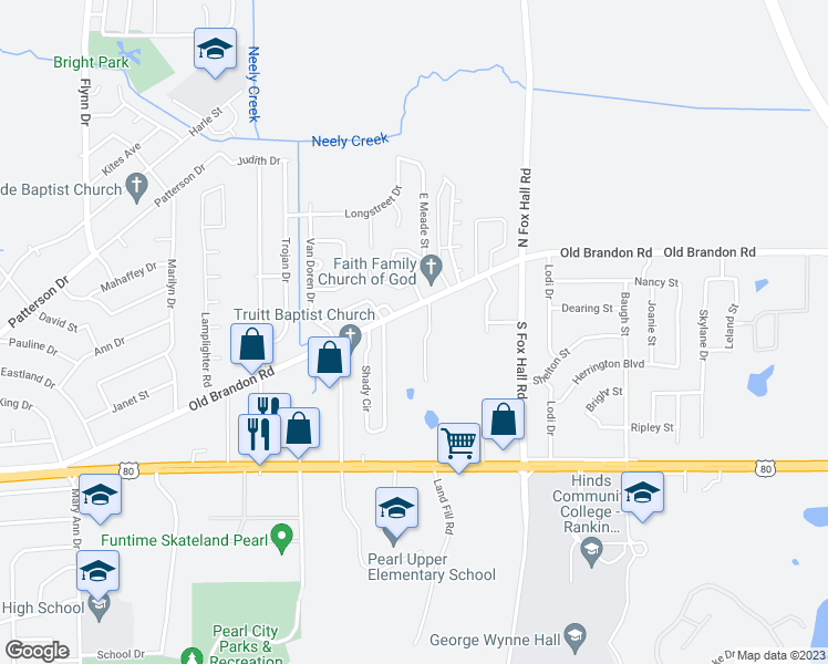 map of restaurants, bars, coffee shops, grocery stores, and more near 3801 Old Brandon Road in Pearl