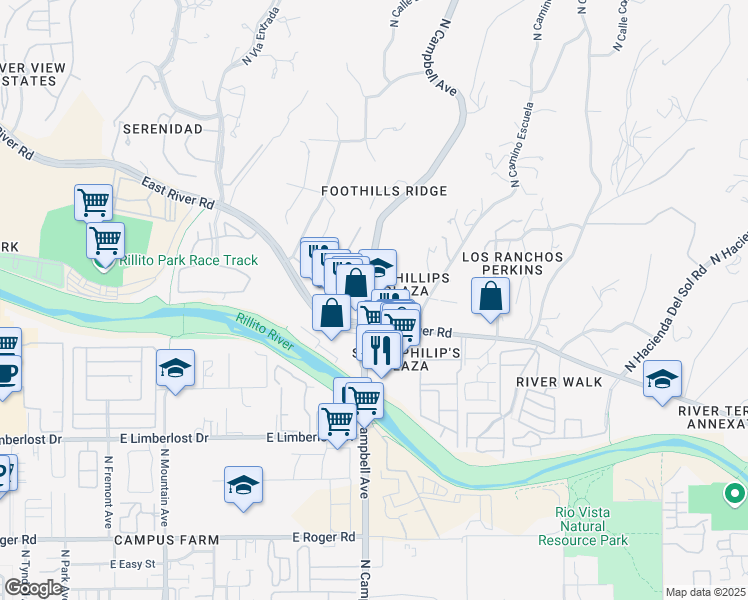 map of restaurants, bars, coffee shops, grocery stores, and more near 4440 North Campbell Avenue in Tucson