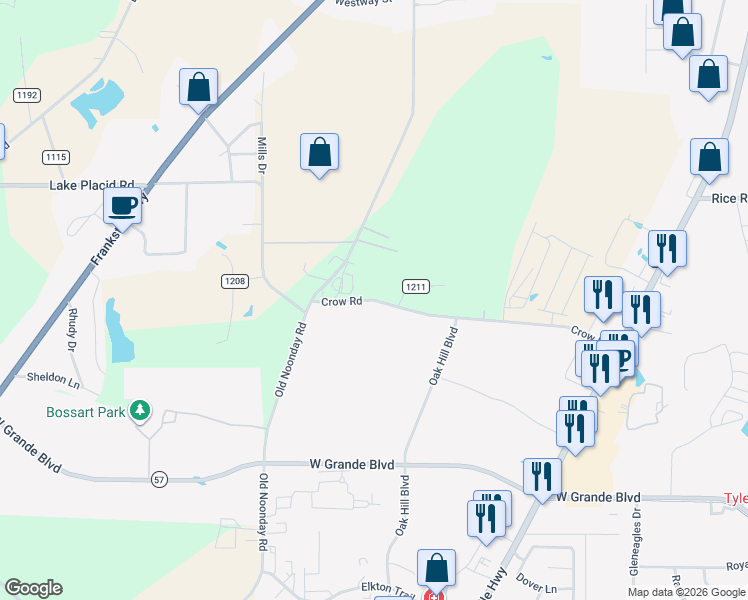 map of restaurants, bars, coffee shops, grocery stores, and more near County Road 159 in Tyler