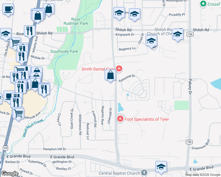 map of restaurants, bars, coffee shops, grocery stores, and more near 5791 New Copeland Road in Tyler