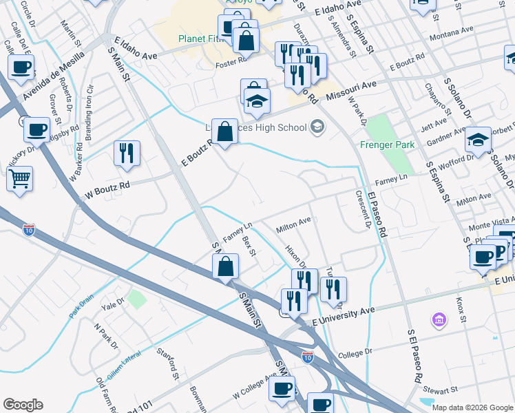 map of restaurants, bars, coffee shops, grocery stores, and more near 2008 Calle De Ninos in Las Cruces