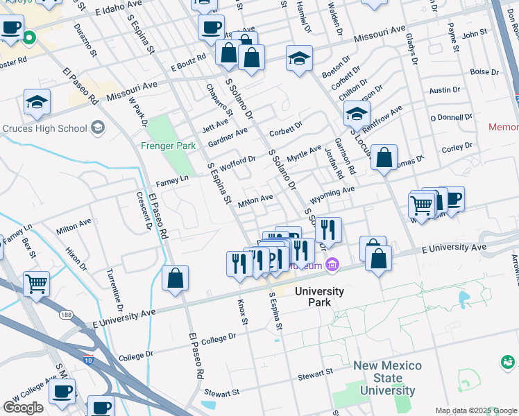 map of restaurants, bars, coffee shops, grocery stores, and more near 2219 College Street in Las Cruces