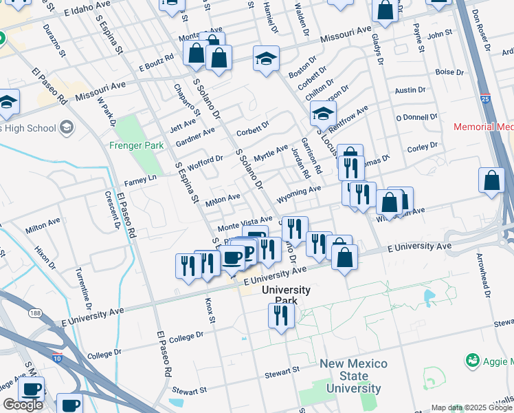 map of restaurants, bars, coffee shops, grocery stores, and more near 1205 Monte Vista Avenue in Las Cruces