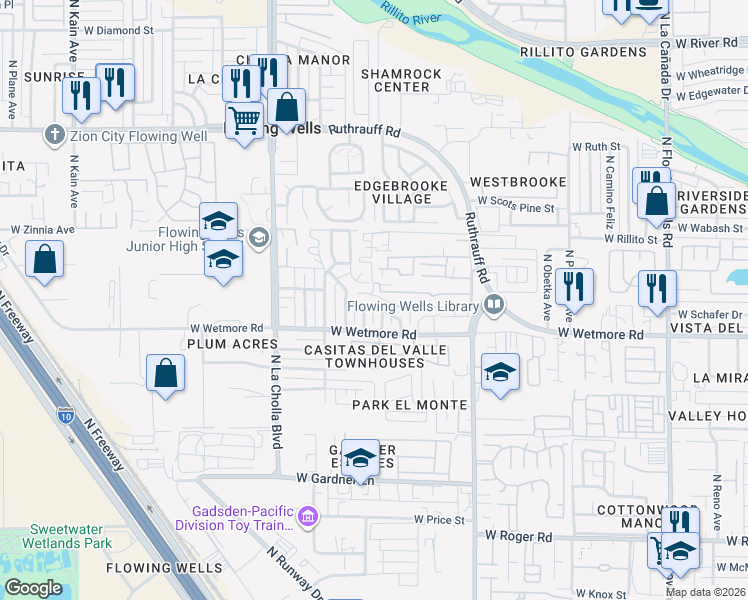 map of restaurants, bars, coffee shops, grocery stores, and more near 4425 North Frey Avenue in Tucson