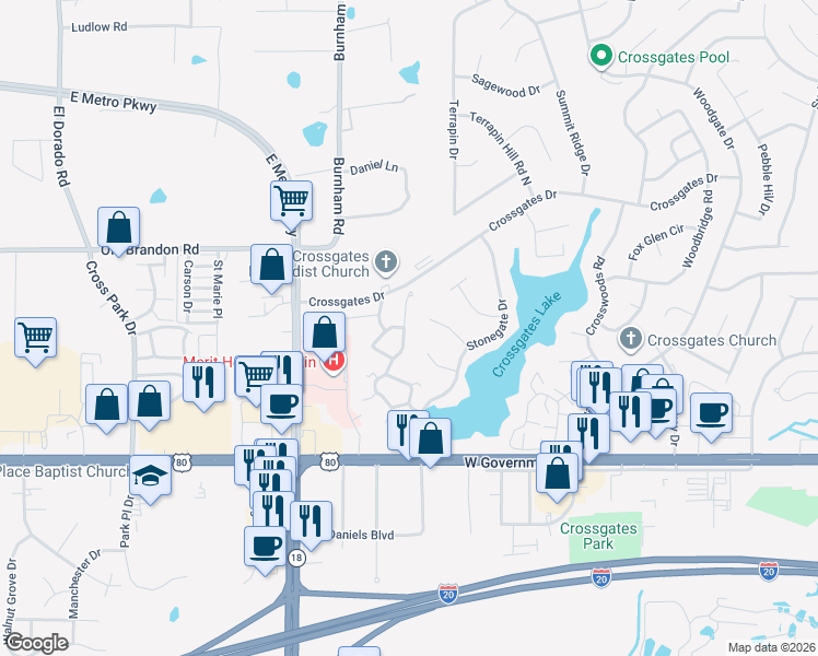 map of restaurants, bars, coffee shops, grocery stores, and more near 138 Pleasant Grove Drive in Brandon