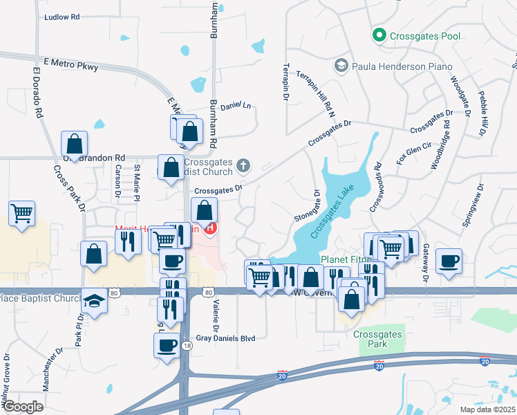 map of restaurants, bars, coffee shops, grocery stores, and more near 148 Pleasant Grove Drive in Brandon