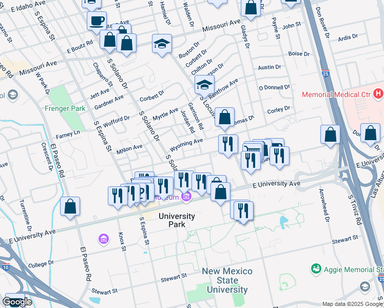 map of restaurants, bars, coffee shops, grocery stores, and more near 1421 Monte Vista Avenue in Las Cruces