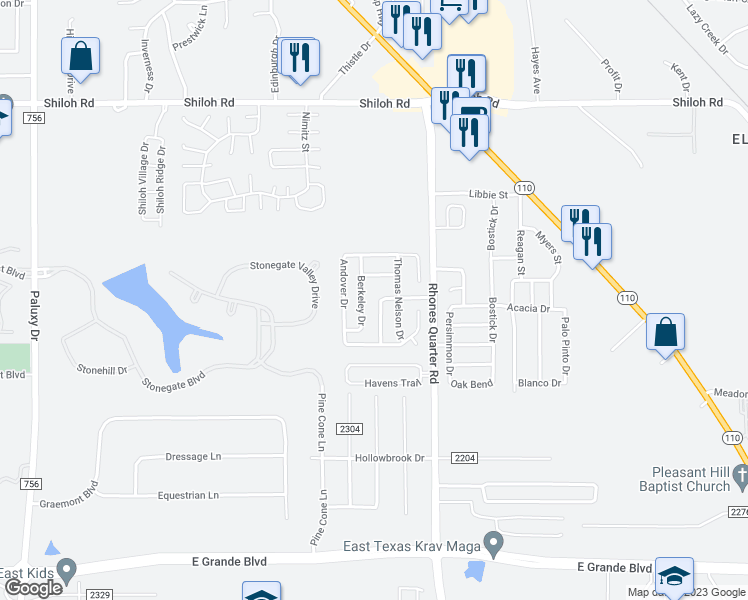 map of restaurants, bars, coffee shops, grocery stores, and more near 5703 Nicholson Drive in Tyler