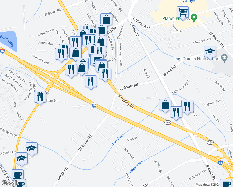 map of restaurants, bars, coffee shops, grocery stores, and more near 210 West Boutz Road in Las Cruces
