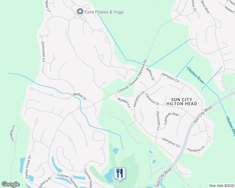 map of restaurants, bars, coffee shops, grocery stores, and more near 10 Walden Lane in Bluffton