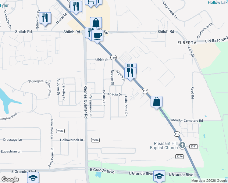 map of restaurants, bars, coffee shops, grocery stores, and more near 5633 Mustang Trail in Tyler