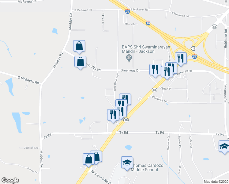 map of restaurants, bars, coffee shops, grocery stores, and more near 2131 Woodland Way in Jackson