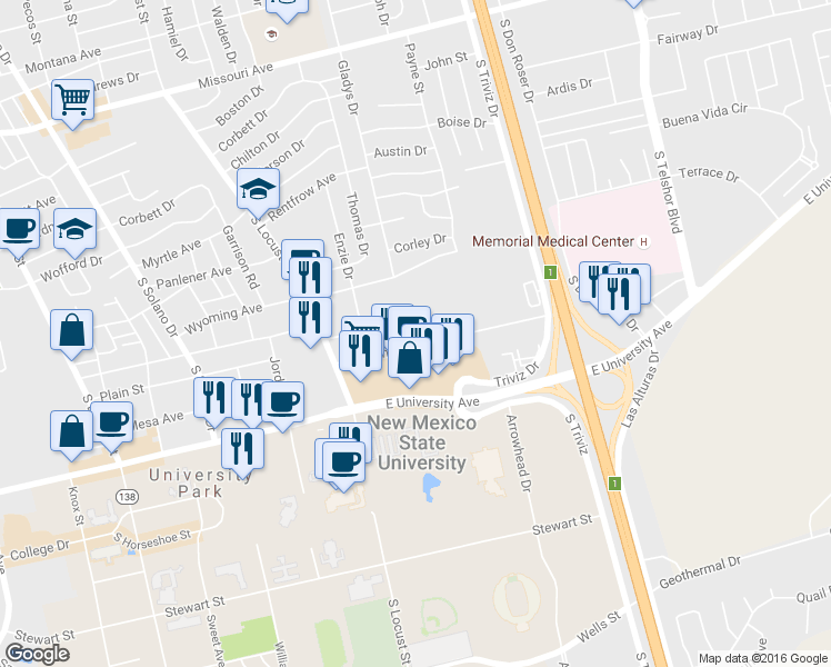 map of restaurants, bars, coffee shops, grocery stores, and more near 2010 Wisconsin Avenue in Las Cruces
