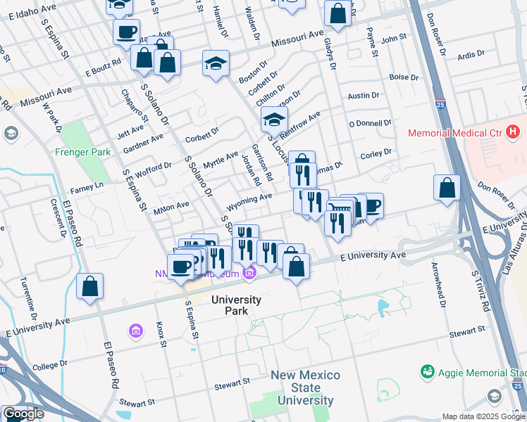 map of restaurants, bars, coffee shops, grocery stores, and more near 1410 Wyoming Avenue in Las Cruces