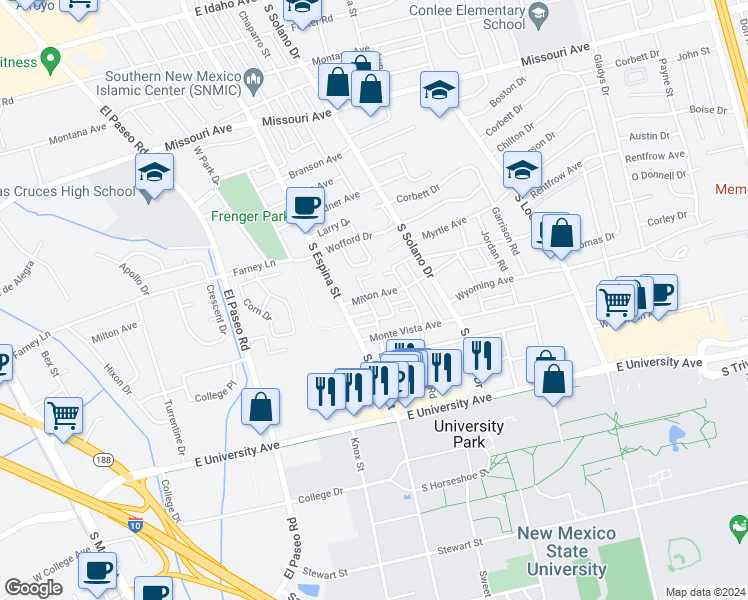 map of restaurants, bars, coffee shops, grocery stores, and more near 1070 Sharon Circle in Las Cruces