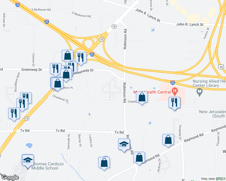 map of restaurants, bars, coffee shops, grocery stores, and more near 2010 Chadwick Drive in Jackson