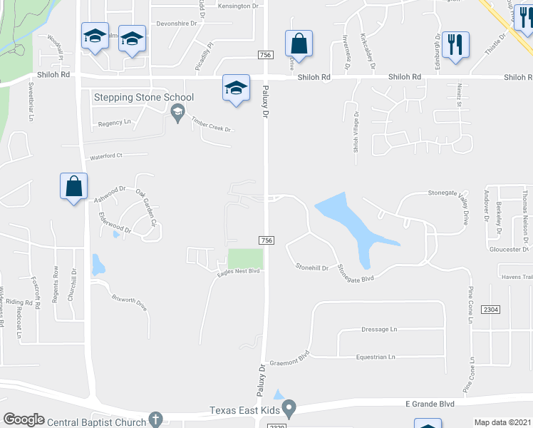 map of restaurants, bars, coffee shops, grocery stores, and more near 6117 Paluxy Drive in Tyler