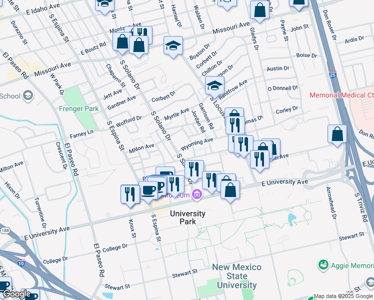map of restaurants, bars, coffee shops, grocery stores, and more near 1309 Wyoming Avenue in Las Cruces