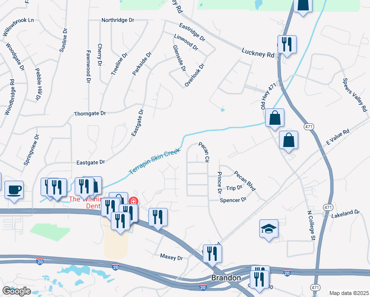map of restaurants, bars, coffee shops, grocery stores, and more near 438 Pecan Circle in Brandon