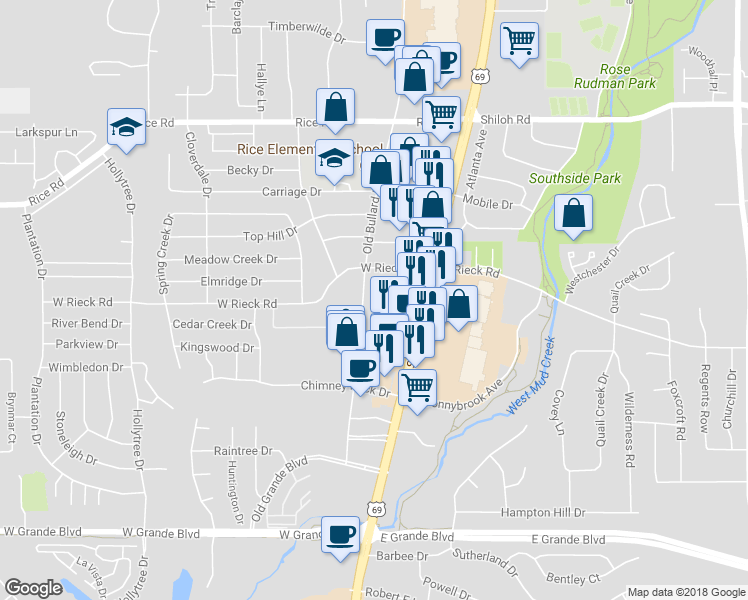 map of restaurants, bars, coffee shops, grocery stores, and more near 5604 Old Bullard Road in Tyler