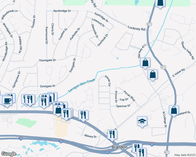 map of restaurants, bars, coffee shops, grocery stores, and more near 444 Pecan Circle in Brandon