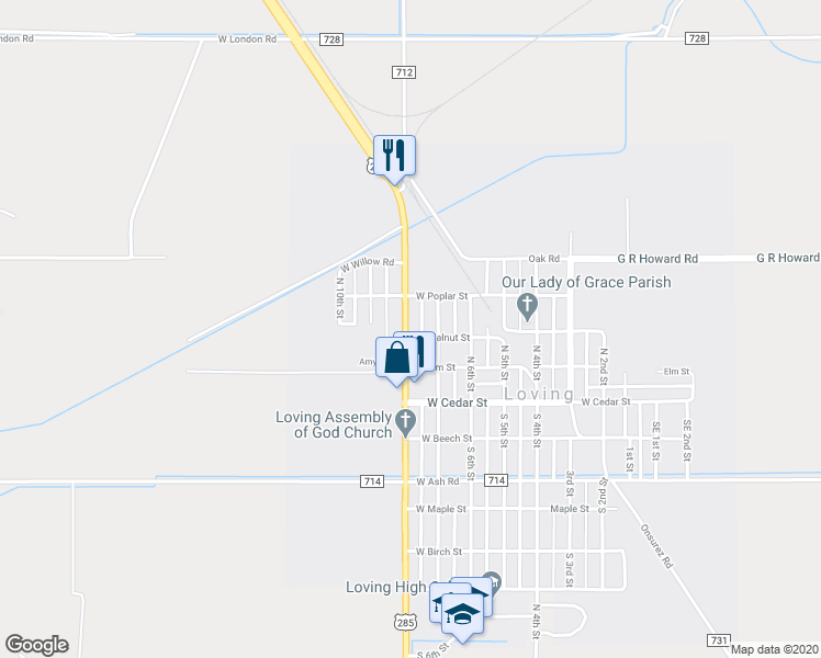 map of restaurants, bars, coffee shops, grocery stores, and more near 712 West Walnut Street in Loving