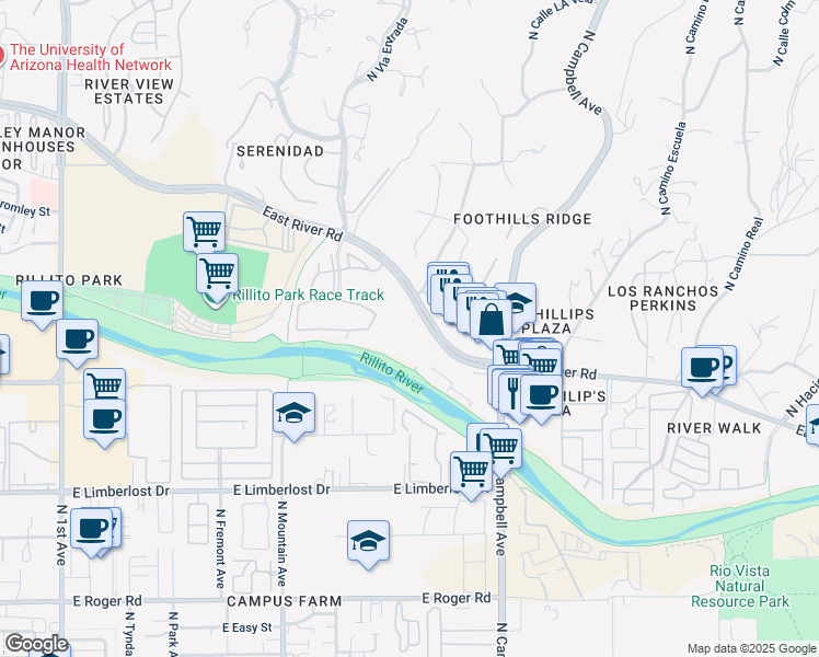 map of restaurants, bars, coffee shops, grocery stores, and more near 1640 East River Road in Tucson