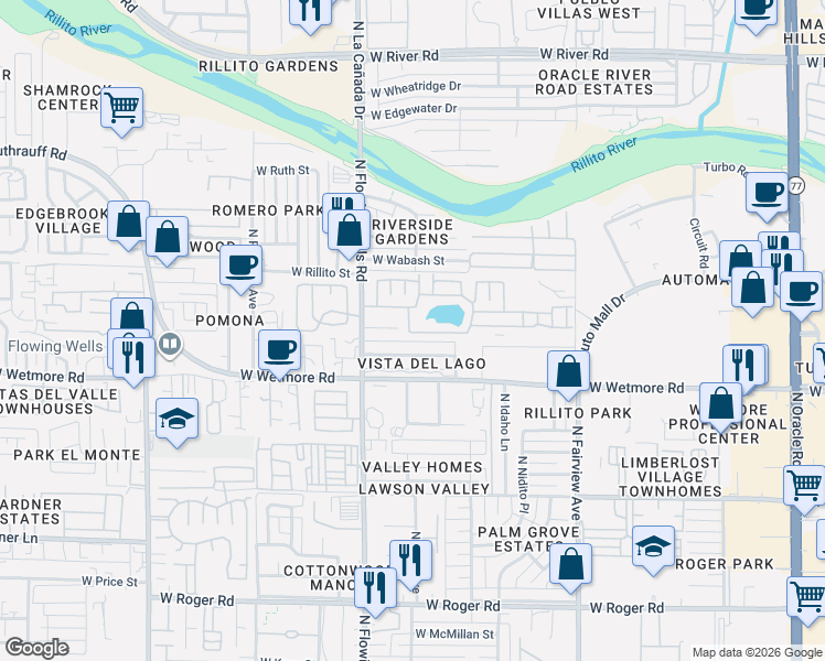 map of restaurants, bars, coffee shops, grocery stores, and more near 1302 West Sol Place in Tucson