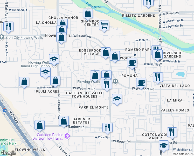 map of restaurants, bars, coffee shops, grocery stores, and more near 4 North Walker Place in Tucson