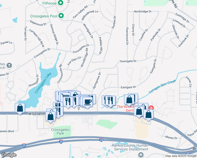map of restaurants, bars, coffee shops, grocery stores, and more near 66 Springview Drive in Brandon