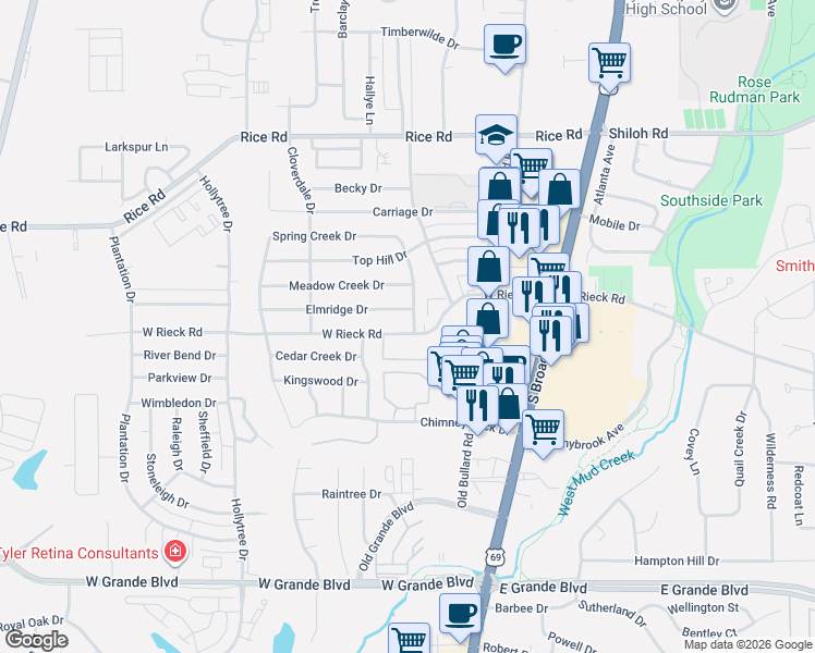 map of restaurants, bars, coffee shops, grocery stores, and more near 5514 Indian Springs Drive in Tyler