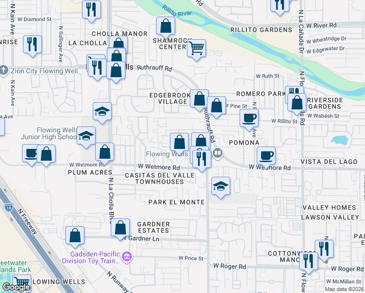 map of restaurants, bars, coffee shops, grocery stores, and more near 4 North Walker Place in Tucson