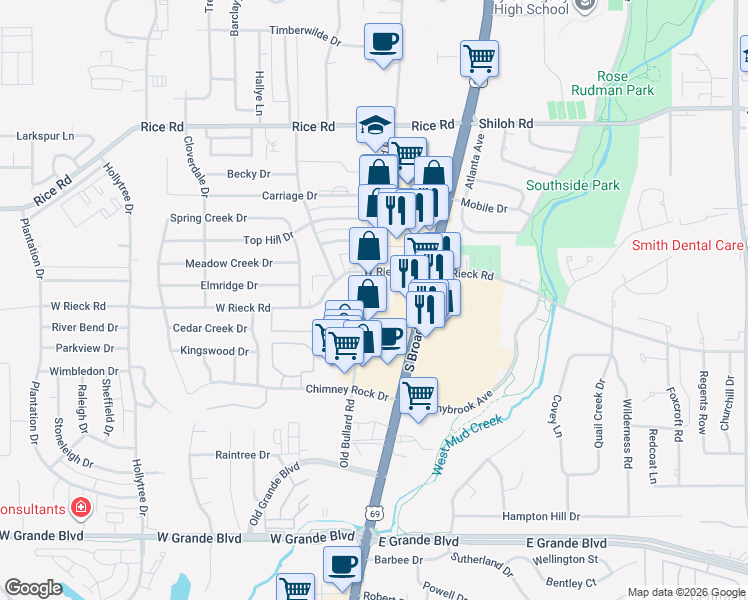 map of restaurants, bars, coffee shops, grocery stores, and more near 5520 Old Bullard Road in Tyler