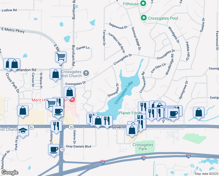map of restaurants, bars, coffee shops, grocery stores, and more near 14 Pine Crest Place in Brandon