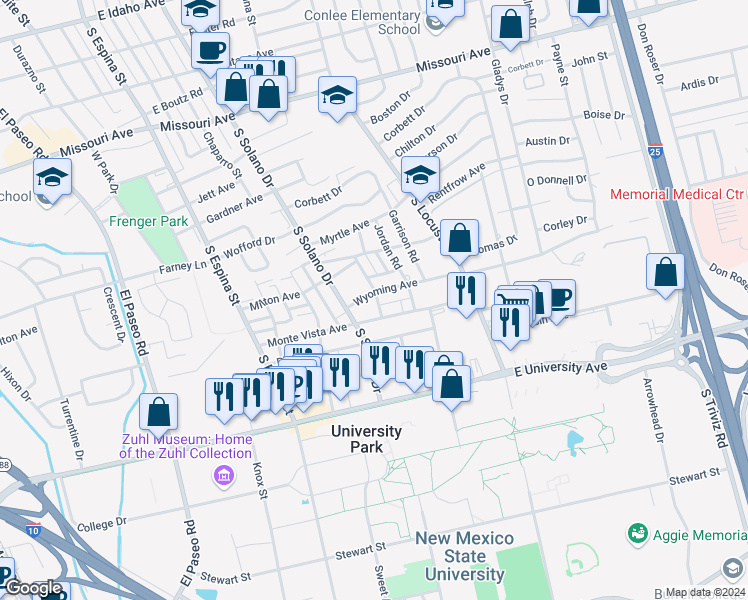 map of restaurants, bars, coffee shops, grocery stores, and more near 2300 Kent Road in Las Cruces