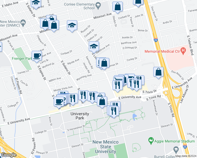 map of restaurants, bars, coffee shops, grocery stores, and more near 1620 Wyoming Avenue in Las Cruces
