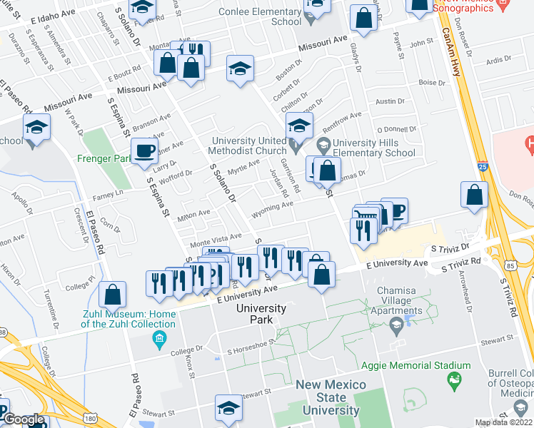 map of restaurants, bars, coffee shops, grocery stores, and more near 2300 Kent Road in Las Cruces