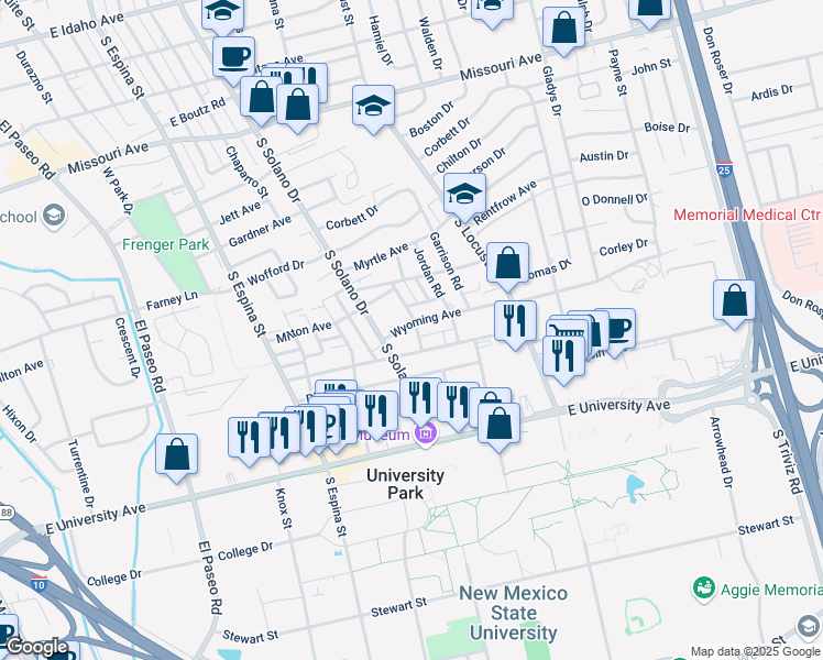 map of restaurants, bars, coffee shops, grocery stores, and more near 1309 Wyoming Avenue in Las Cruces